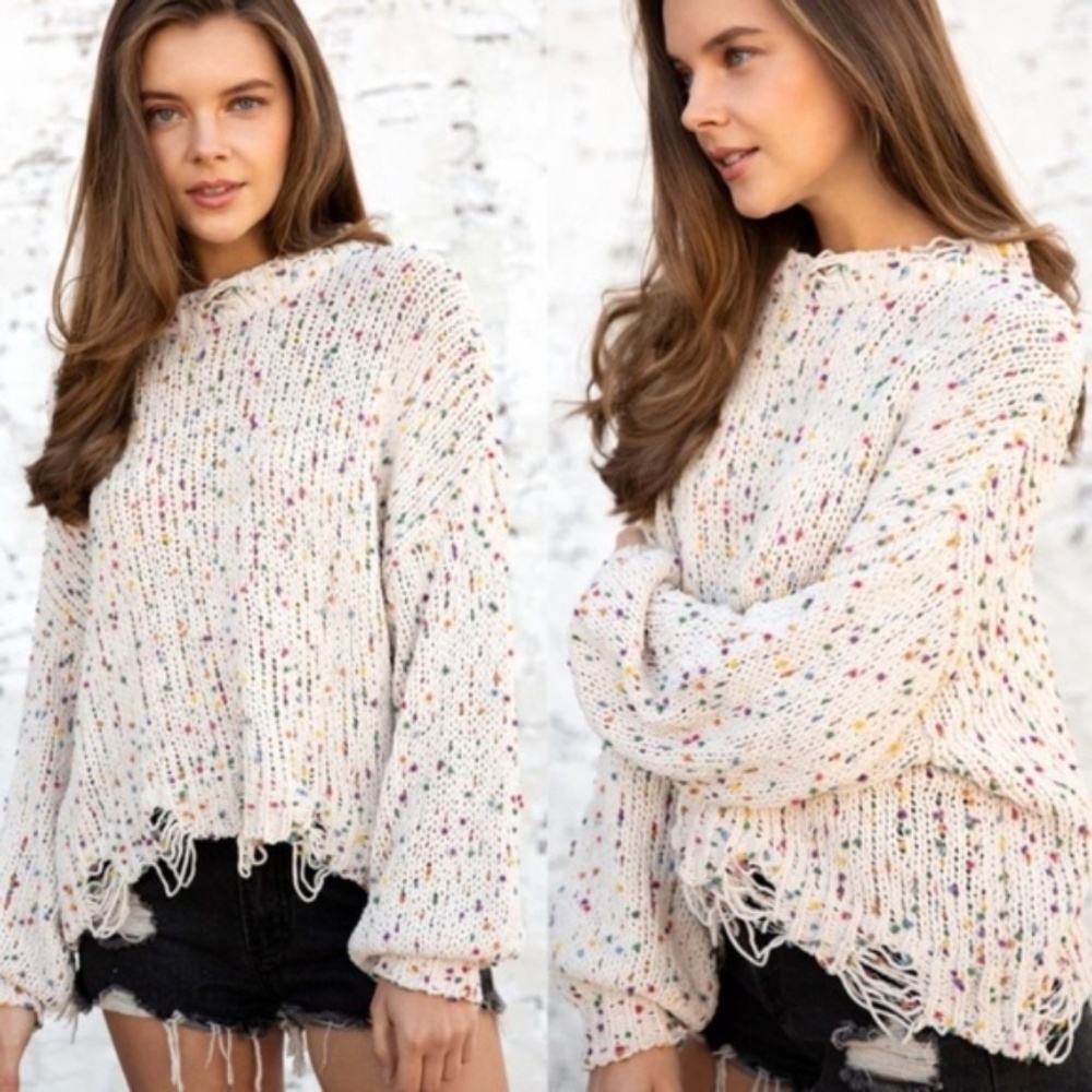 #28 Cozy Speckled Distressed Sweater Top